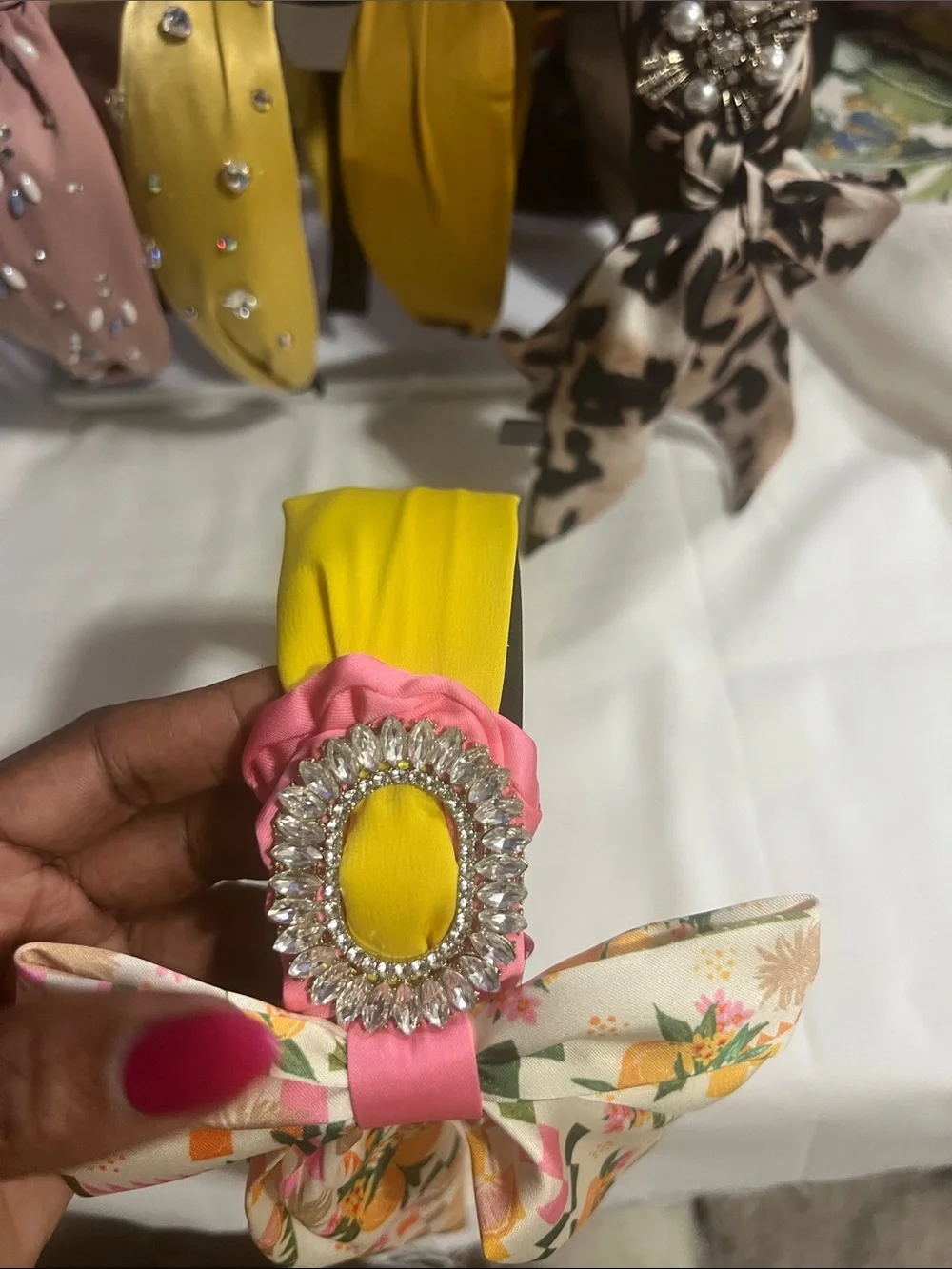 Floral Bow Headband with Jewel Accent - Pink & Yellow